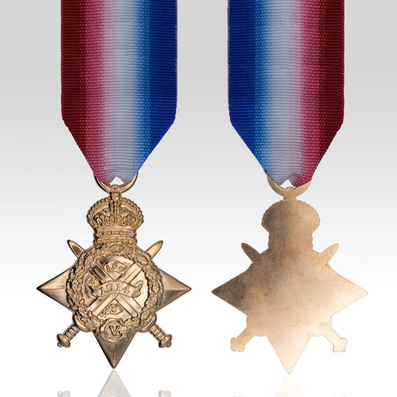Full-size replica 1914 Star WW1 campaign medal with red white and blue ribbon