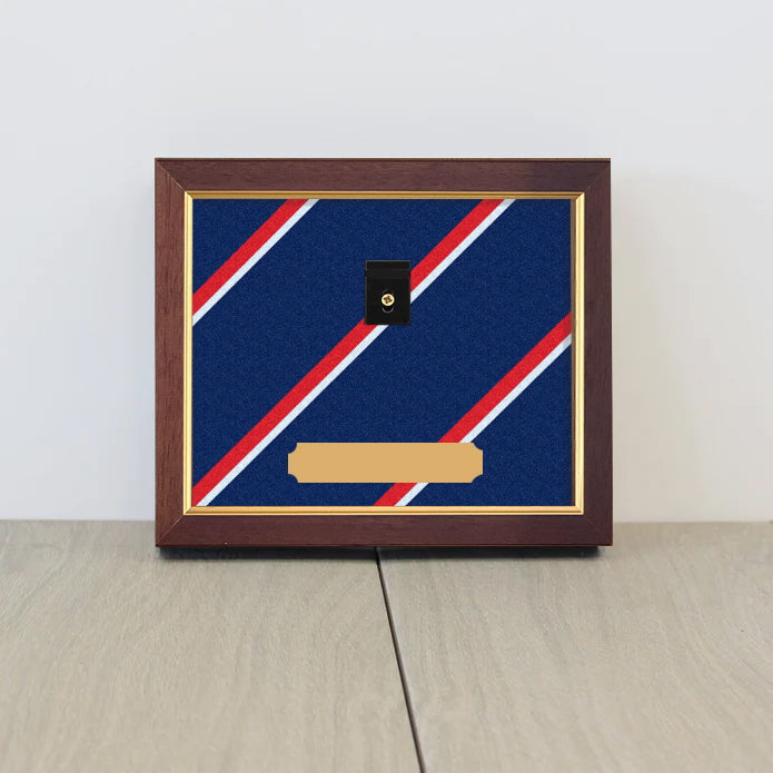 Royal Navy Medal Display Case (3–4 Medals) – Dark Wood & Gold Frame with Navy Tie Colours Background – Mounted Medal Holder UK