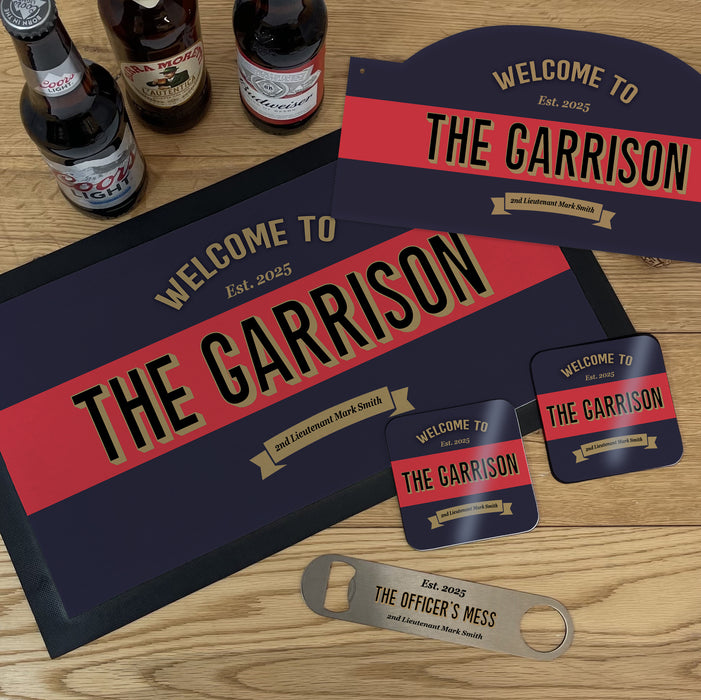 Personalised Grenadier Guards Bar Set Military Gift with Bar Mat, Coasters, Bottle Opener & Bar Sign Options
