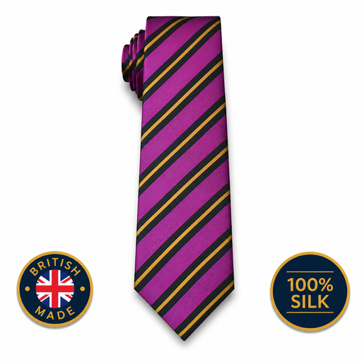 London School of Economics 100% silk striped tie in purple, black and gold on a white background with British Made and 100% Silk badges.