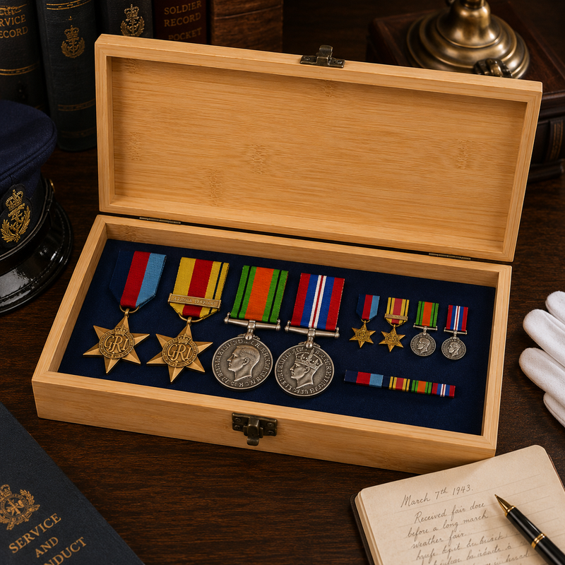 Wooden medal box storing military medals and ribbon bars