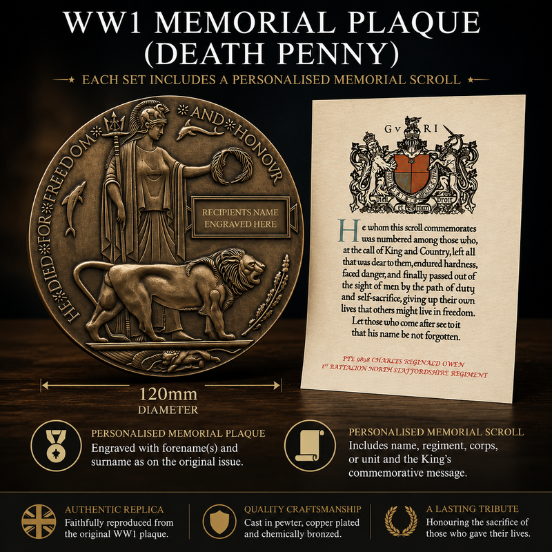 WW1 Memorial Plaque (Death Penny) with Personalised Memorial Scroll