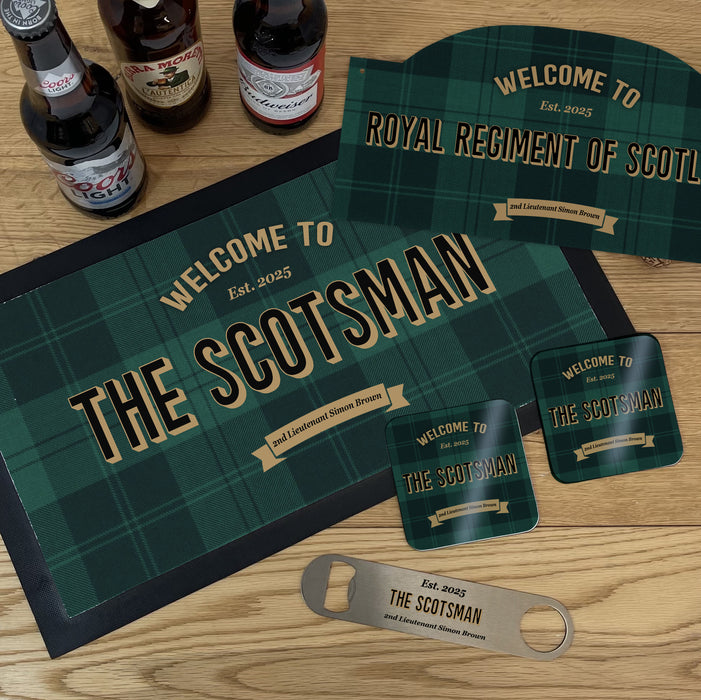 Personalised Royal Regiment of Scotland Bar Set Military Gift with Bar Mat, Coasters, Bottle Opener & Bar Sign Options
