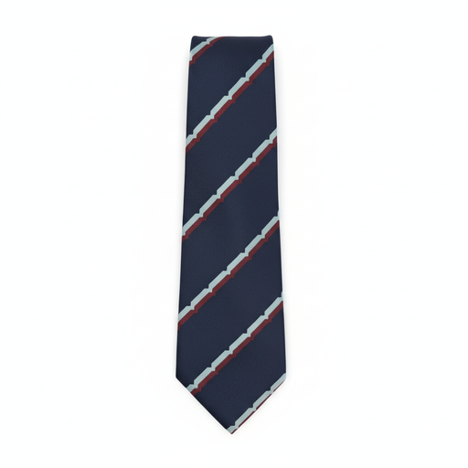 RAF Volunteer Reserve polyester tie with navy blue base and diagonal light blue and maroon stripes, displayed on a white background