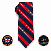 Royal Anglian Regiment striped polyester tie in navy, red and white on a white background with British Made and 100% Polyester badges.