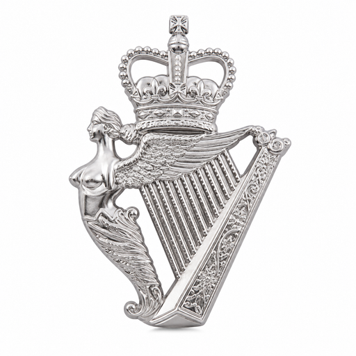 Royal Irish Regiment Harp 25mm silver lapel pin featuring the crowned Irish harp with winged female figure, displayed on a white background.
