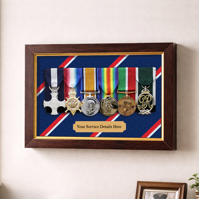 Royal Navy Medal Display Case – Dark Wood & Gold Frame with Navy Tie Colours Background – Holds Mounted Medal Groups (5+ Medals)