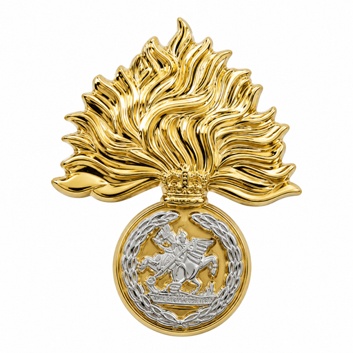 Royal Regiment of Fusiliers 25mm bi-metal lapel pin featuring the regiment's flaming grenade badge with a silver St George slaying the dragon emblem, laurel wreath and crown, displayed on a white background.