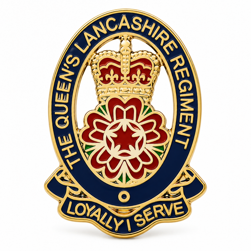 A Queen's Lancashire Regiment military badge pin featuring a gold-tone crown, red and white rose, and navy blue scrollwork with the text 'THE QUEEN'S LANCASHIRE REGIMENT' and 'LOYALLY I SERVE'.