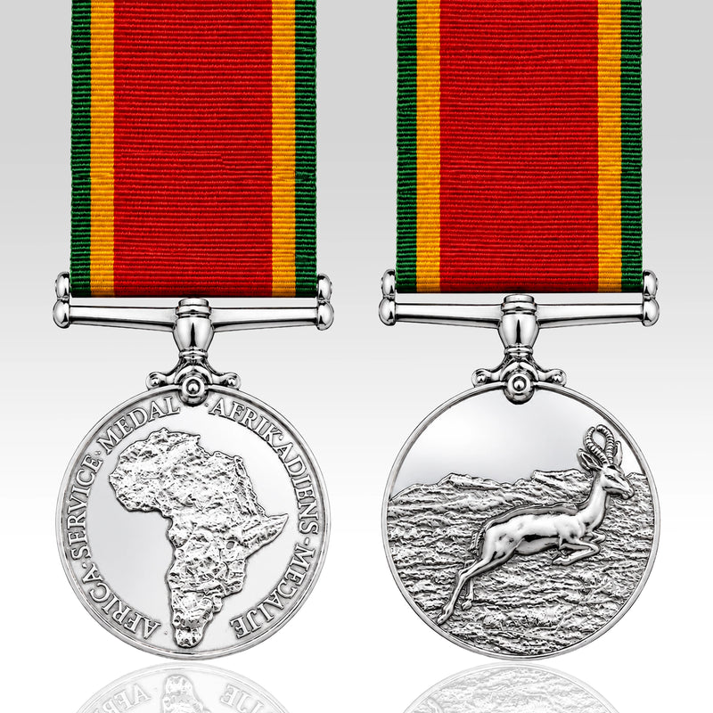 Two views of a South African Republic Service Medal with the African Lion branch: the front side shows a raised map of Africa with the text 'AFRICAN SERVICE MEDAL AFRICAN LION', and the reverse side shows a leaping lion in a landscape. Each medal has a red, yellow, and green striped ribbon attached with a silver bar.
