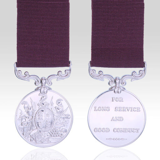 Full-size Queen Victoria Army Long Service and Good Conduct Medal showing both sides with crimson ribbons.