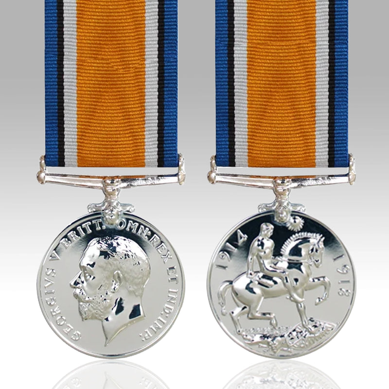 Full-size British War Medal 1914–1918 with orange blue black and white ribbon