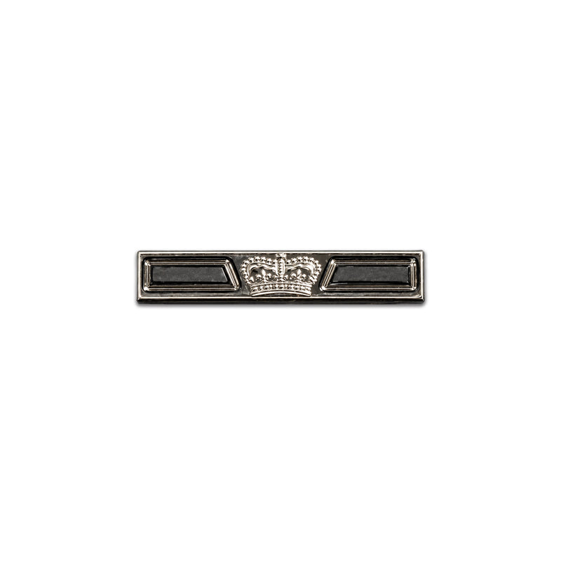 Silver-coloured Efficiency Medal second award clasp featuring the Queen Elizabeth II Queen's Crown, on a white background.
