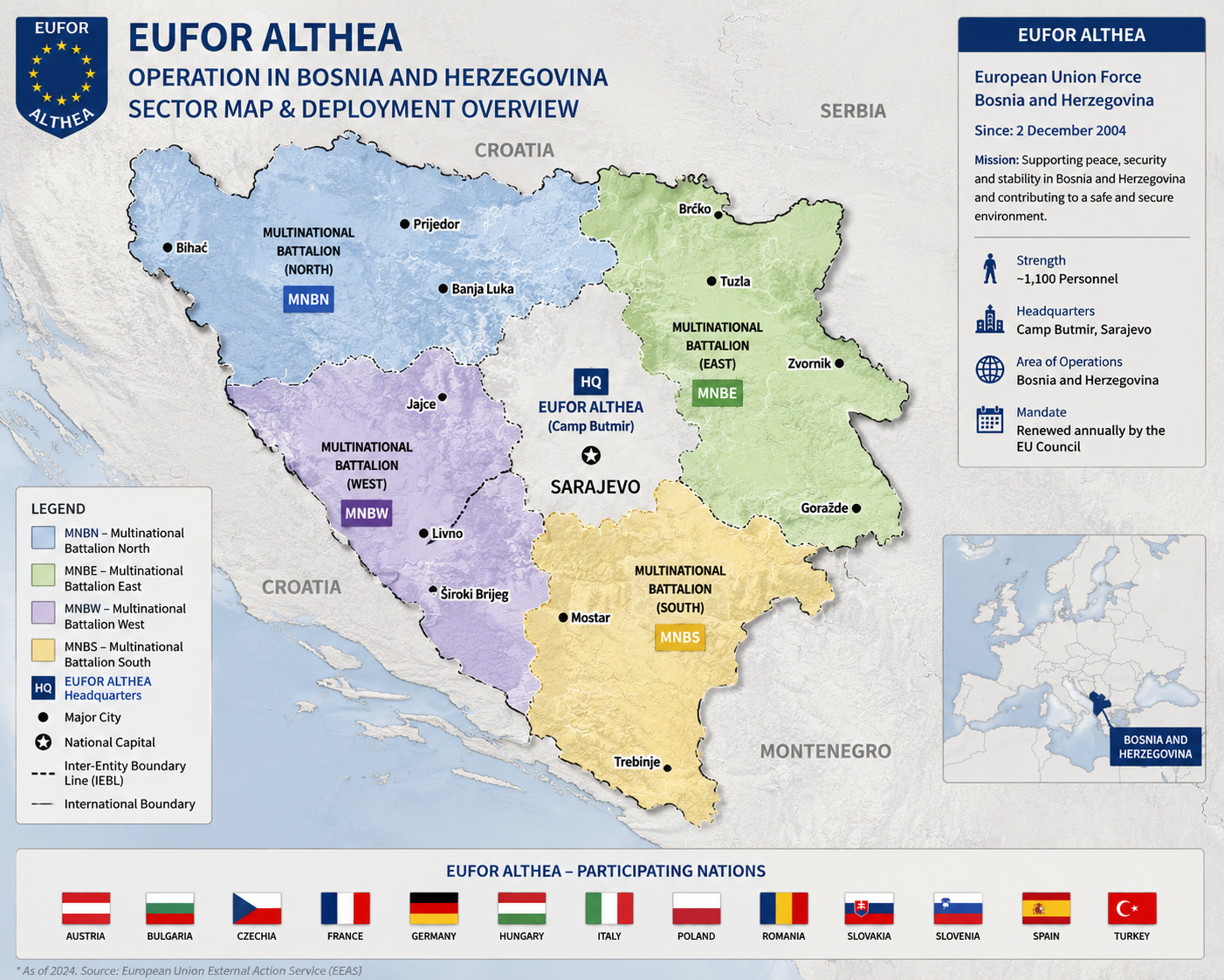 Map showing EUFOR ALTHEA deployment areas, headquarters and operational sectors in Bosnia and Herzegovina