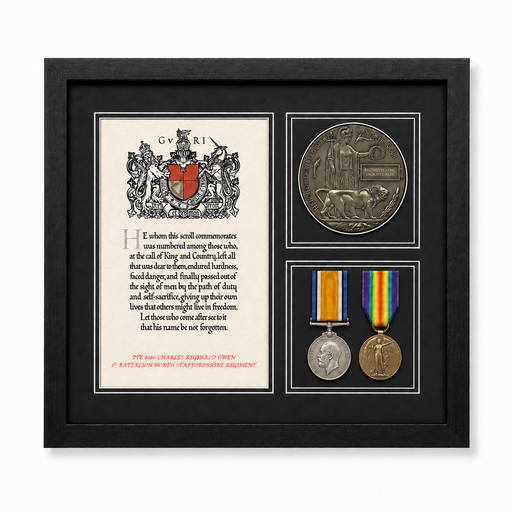 Personalised framed WW1 Memorial Scroll, Death Penny, British War Medal and Victory Meda