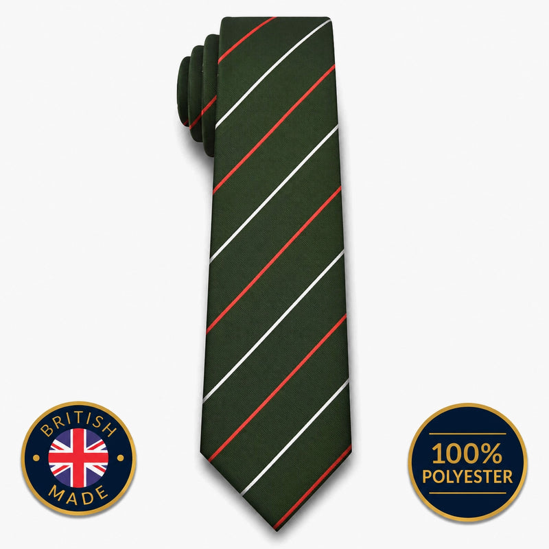 Light Infantry (Pre-1995) striped polyester tie in dark rifle green with white and red diagonal stripes on a white background with British Made and 100% Polyester badges.