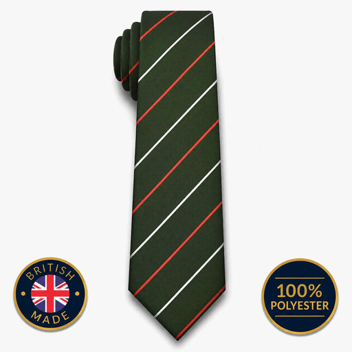 Light Infantry (Pre-1995) striped polyester tie in dark rifle green with white and red diagonal stripes on a white background with British Made and 100% Polyester badges.