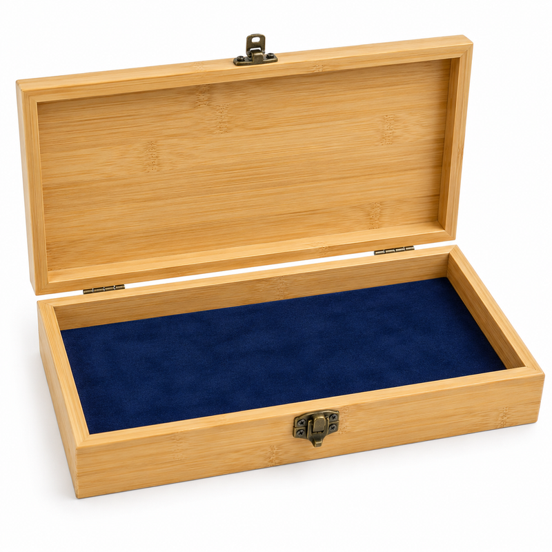 Open engraved wooden medal box with navy velvet lining