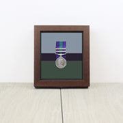 A mounted medal displayed in a framed case with a wooden frame and a reflective glass cover.