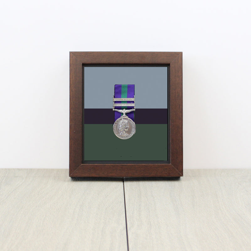 A mounted medal displayed in a framed case with a wooden frame and a reflective glass cover.