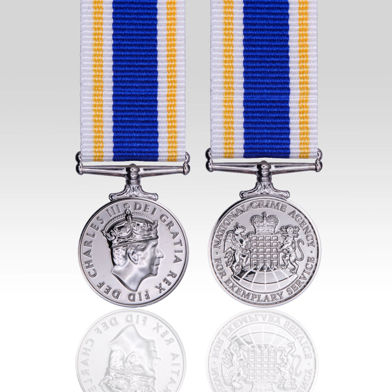 National Crime Agency Long Service Medal Charles III miniature medal with blue white and gold ribbon