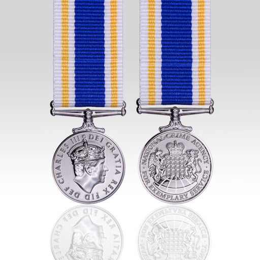 National Crime Agency Long Service Medal Charles III miniature medal with blue white and gold ribbon