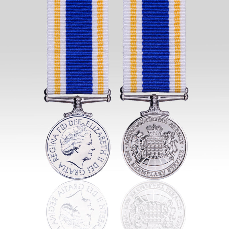 National Crime Agency Long Service Medal Elizabeth II miniature medal with blue white and gold ribbon