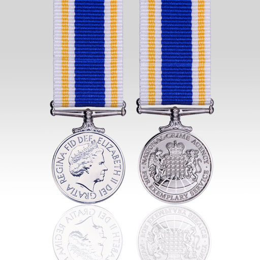 National Crime Agency Long Service Medal Elizabeth II miniature medal with blue white and gold ribbon