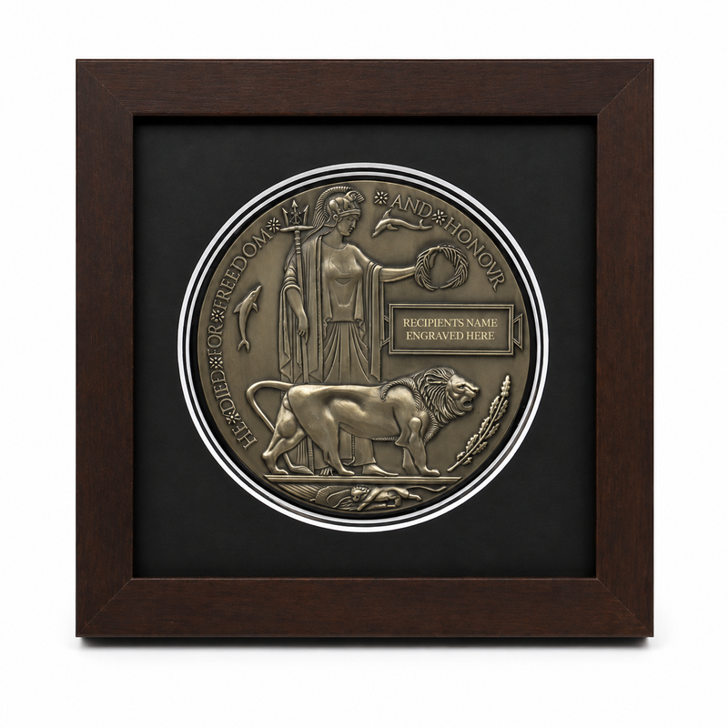 Personalised WW1 Memorial Plaque Death Penny replica in a handmade dark wood frame with black presentation mount