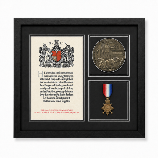 Personalised framed WW1 Memorial Scroll, Death Penny and 1914–15 Star