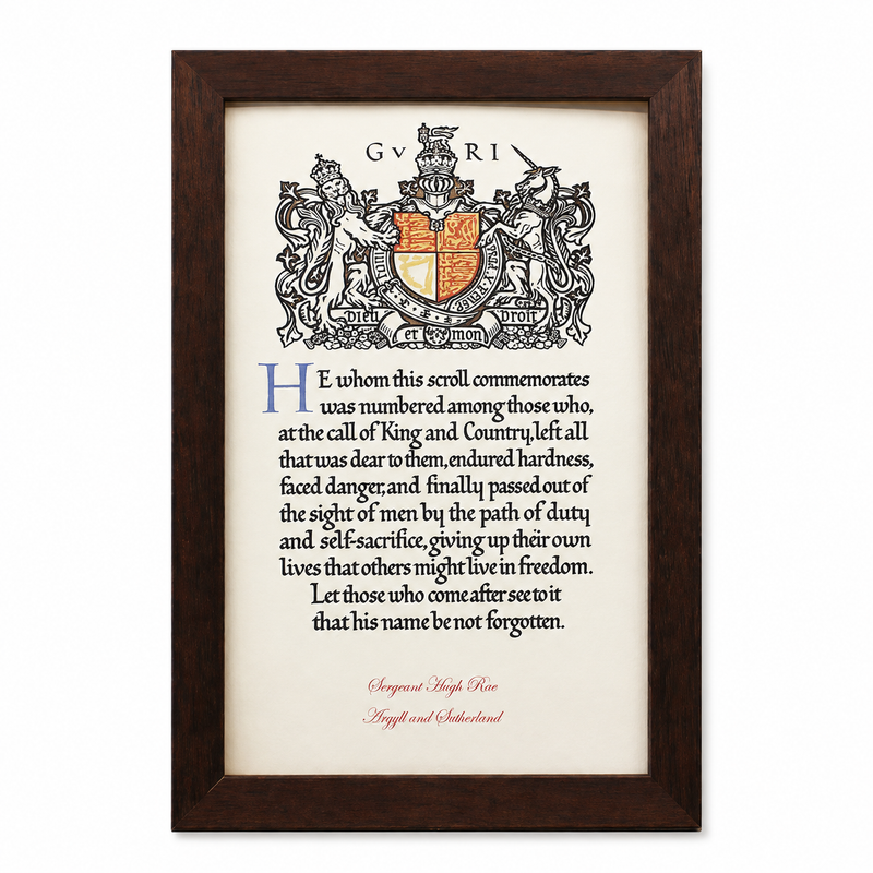 Personalised reproduction WW1 Next of Kin Memorial Scroll displayed in a handmade dark wood frame