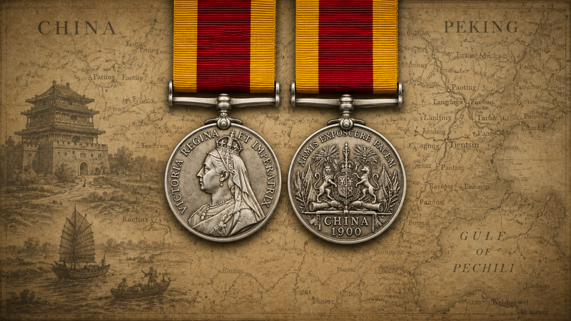 China 1900 medal with ribbon on a historic map backdrop