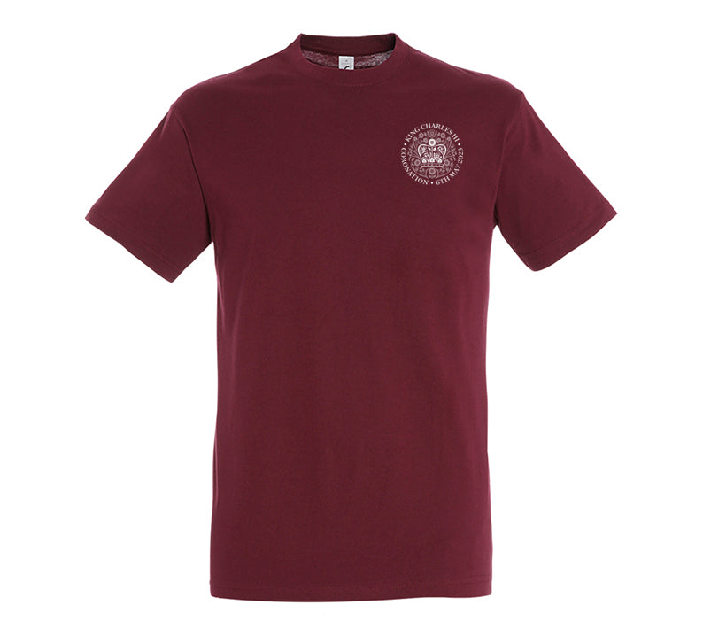 King Charles Coronation Emblem Embroidered Burgundy T-Shirt