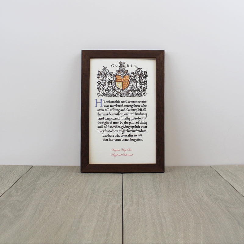 World War 1 Memorial Scroll Framed