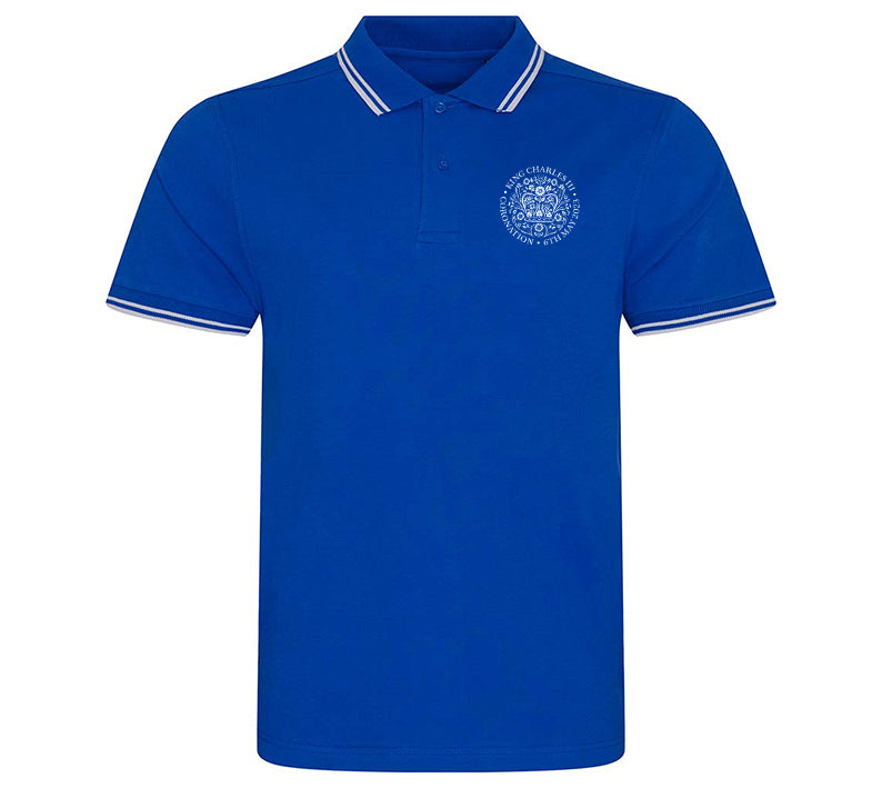 King Charles Coronation Emblem Embroidered Royal Blue & White Polo Shirt